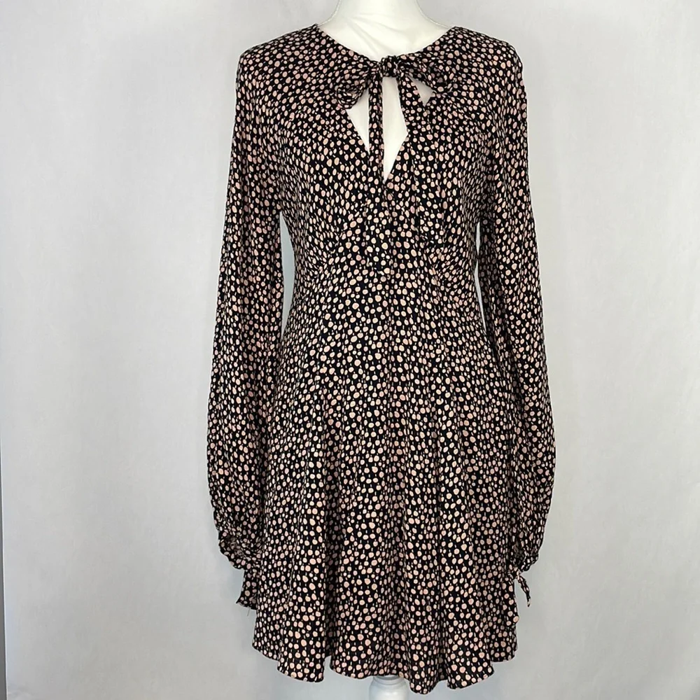 Free People Black with Pink Dots Long Sleeve Mini Dress. Size Small. - Picture 1 of 12